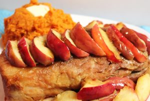 Crockpot pork loin with sweet potato and fried apples